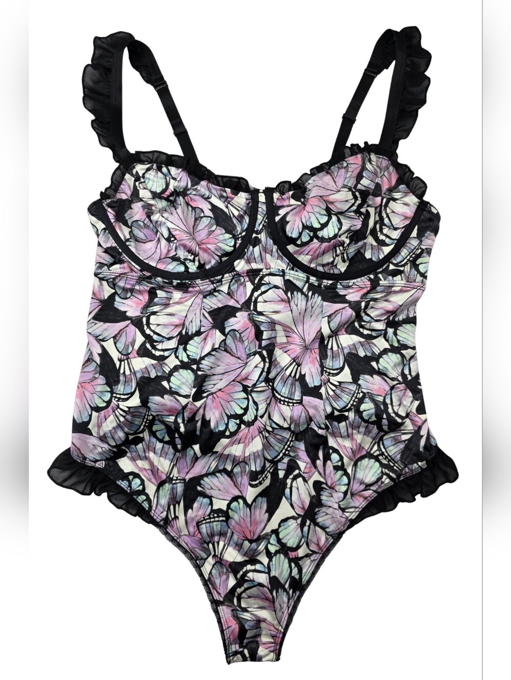 NWT Torrid 1 Satin Ruffle Bodysuit Butterfly Print Pink Black Underwire 3387-c - Picture 6 of 15